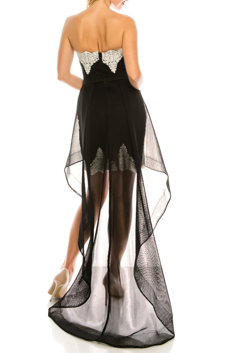 Odrella Black Embroidered Lace Strapless High Low Evening Dress
