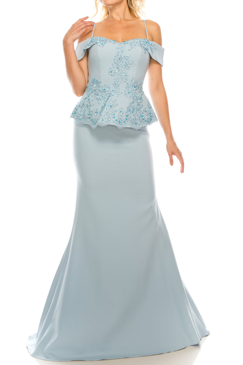 Odrella Blue Portrait Necklined Peplum Trumpet Evening Gown