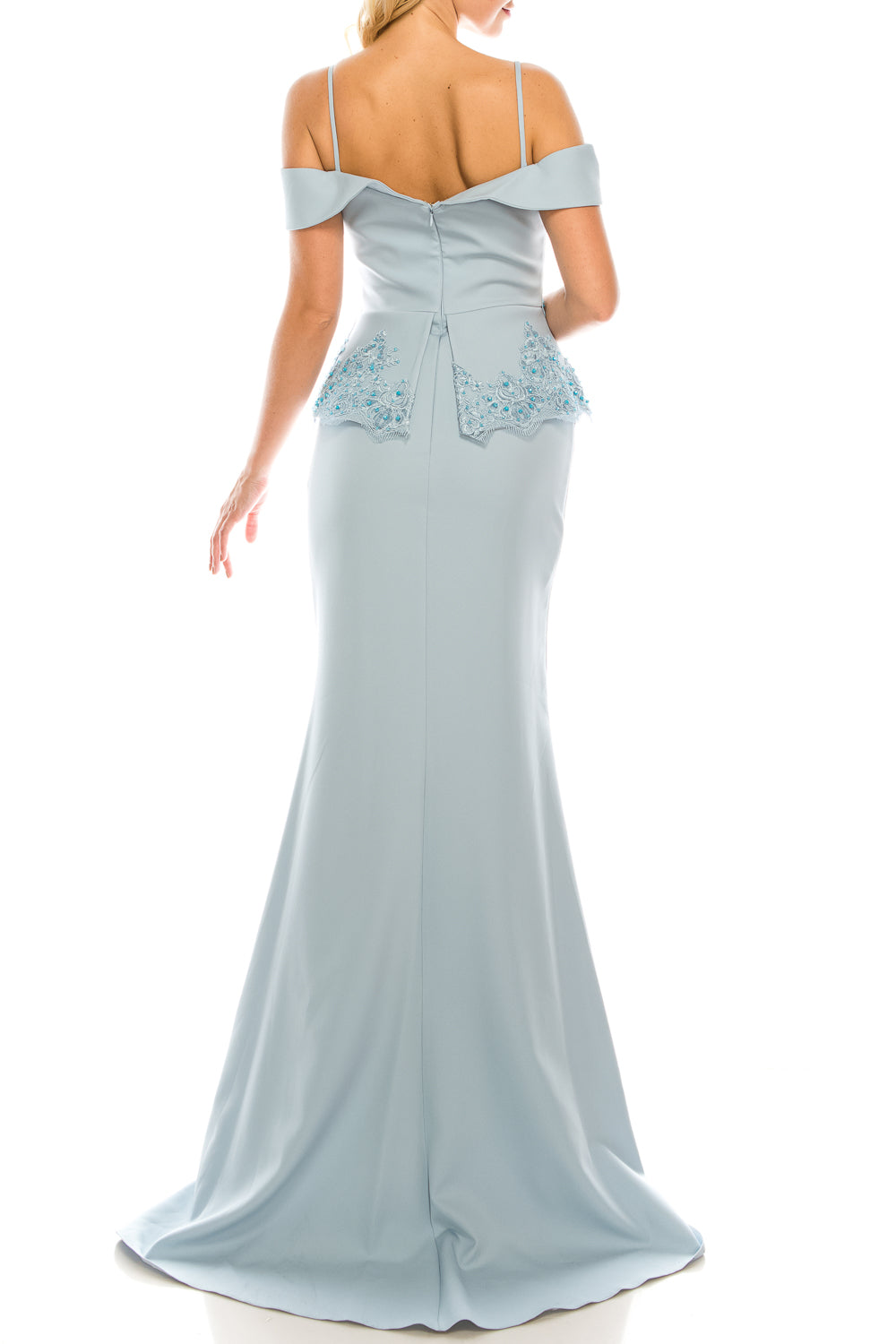 Odrella Blue Portrait Necklined Peplum Trumpet Evening Gown