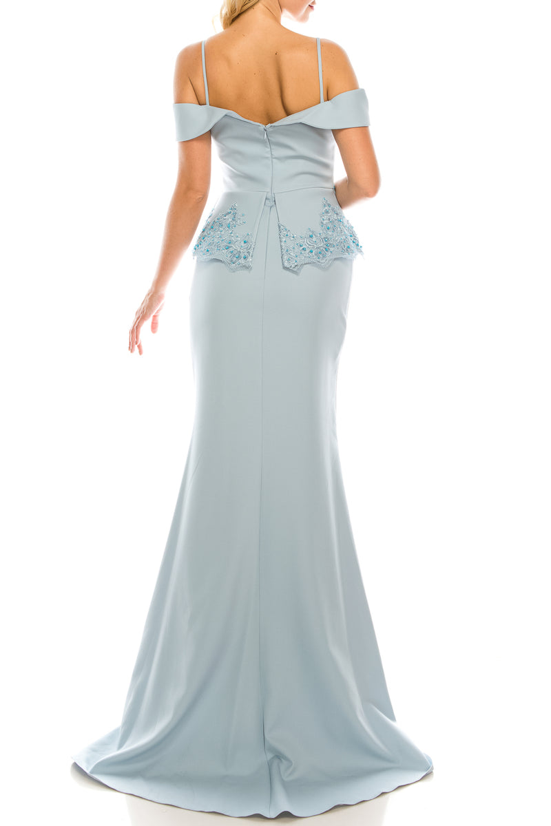 Odrella Blue Portrait Necklined Peplum Trumpet Evening Gown