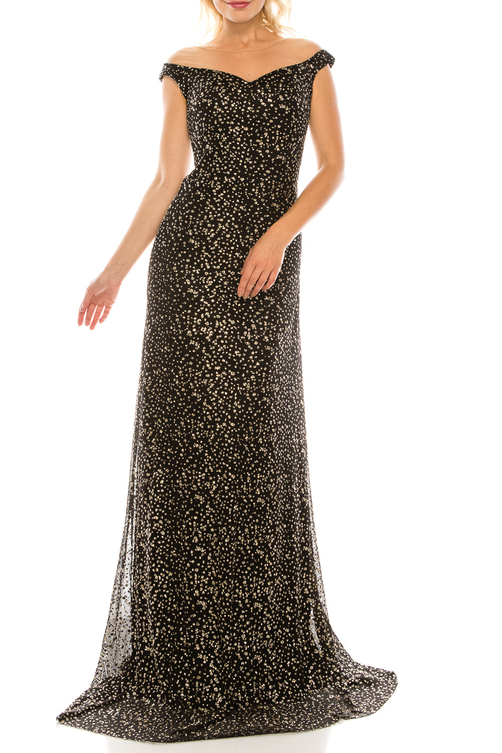 Odrella Glittery Mesh Illusion Portrait Neckline Evening Dress (Additional Colors)