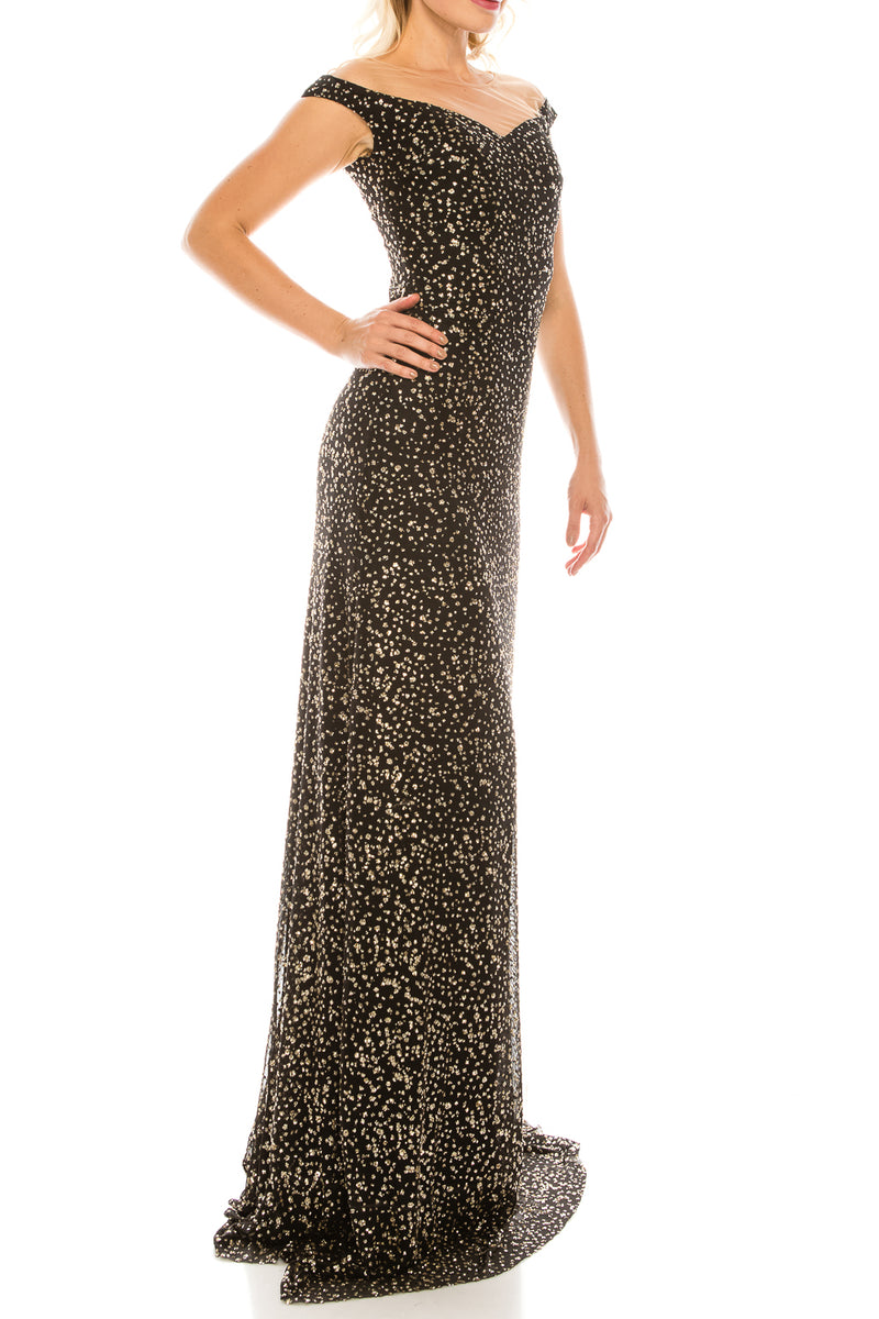 Odrella Glittery Mesh Illusion Portrait Neckline Evening Dress (Additional Colors)