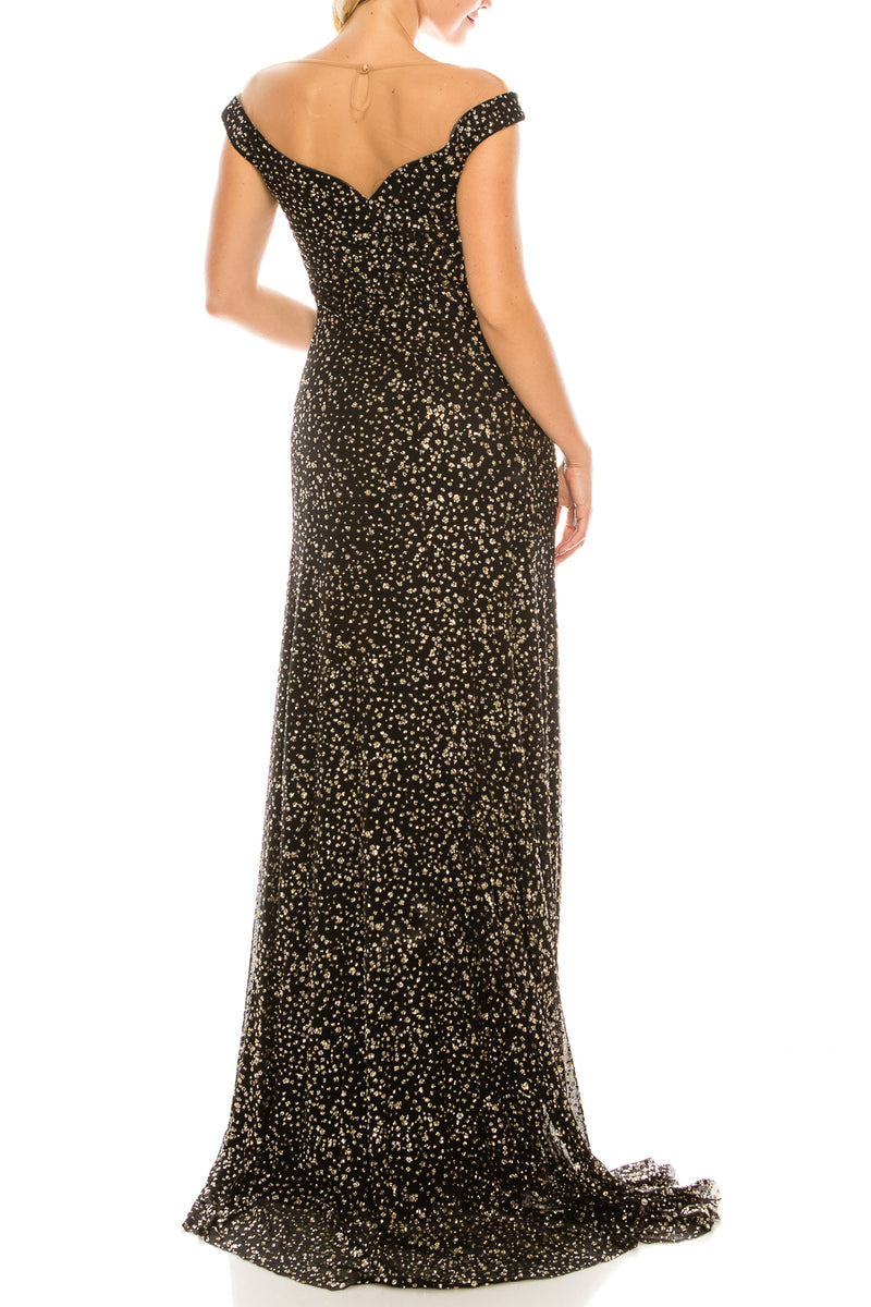 Odrella Glittery Mesh Illusion Portrait Neckline Evening Dress (Additional Colors)