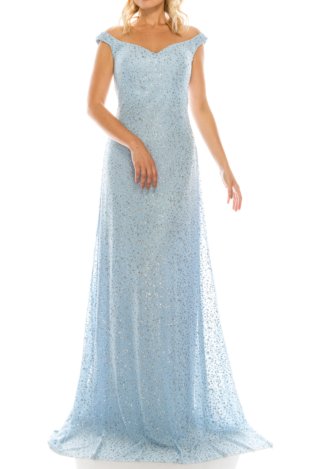 Odrella Glittery Mesh Illusion Portrait Neckline Evening Dress (Additional Colors)