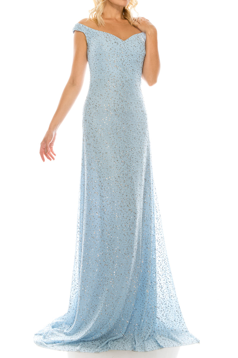 Odrella Glittery Mesh Illusion Portrait Neckline Evening Dress (Additional Colors)
