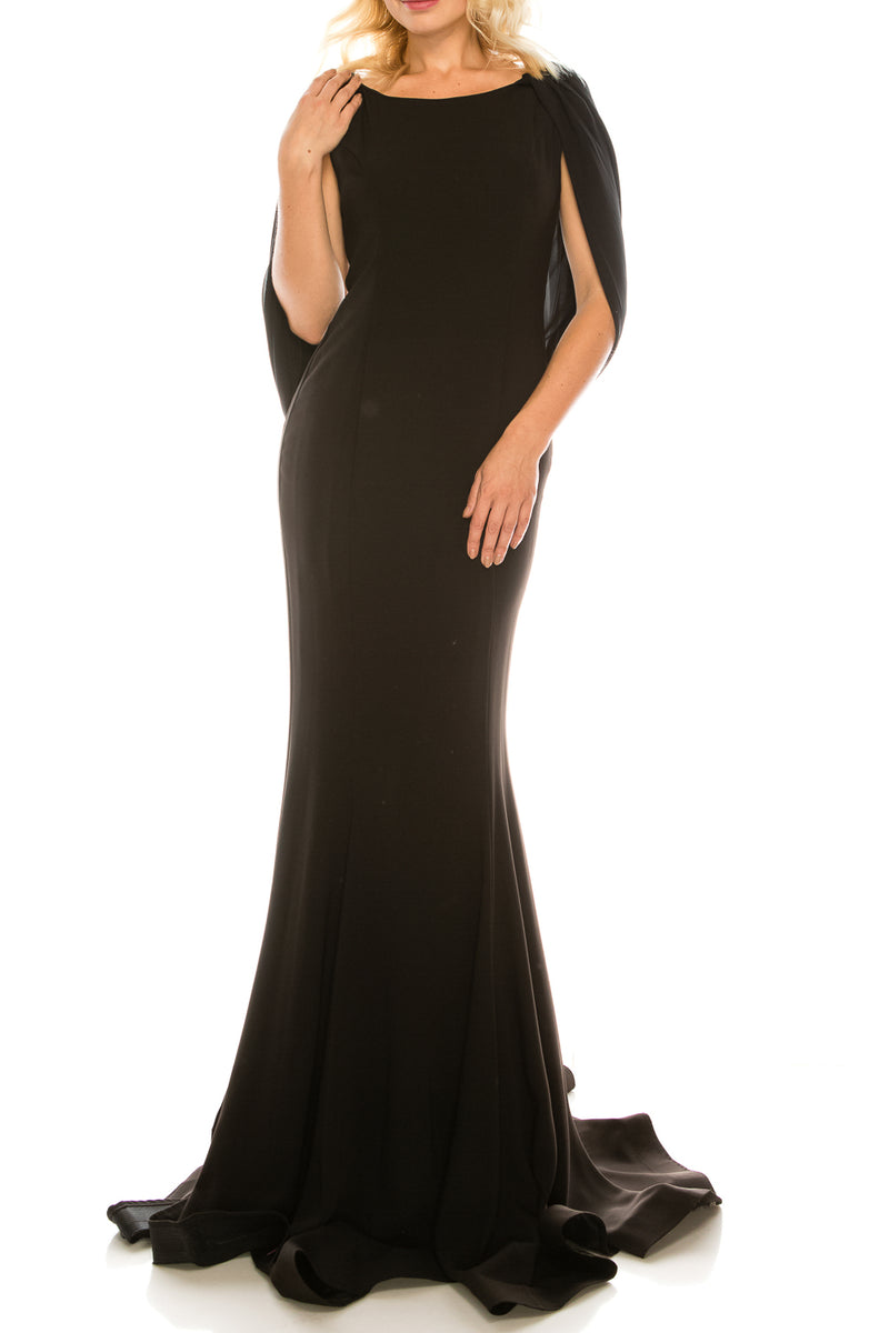 Odrella Black Cape Mermaid Gown with Embellished Mesh Back