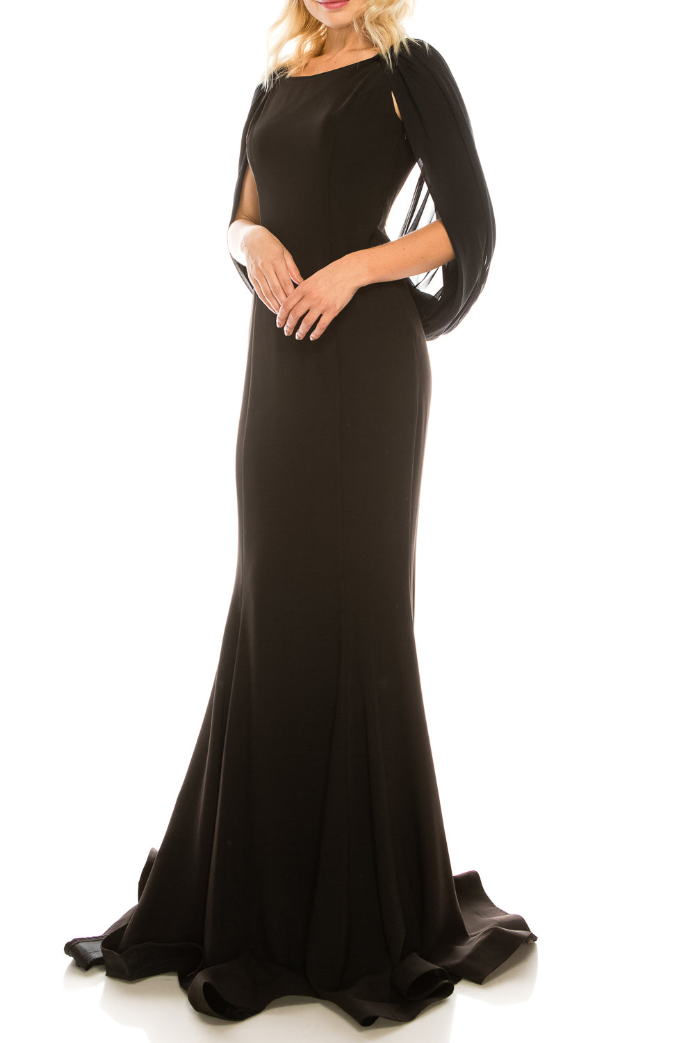 Odrella Black Cape Mermaid Gown with Embellished Mesh Back