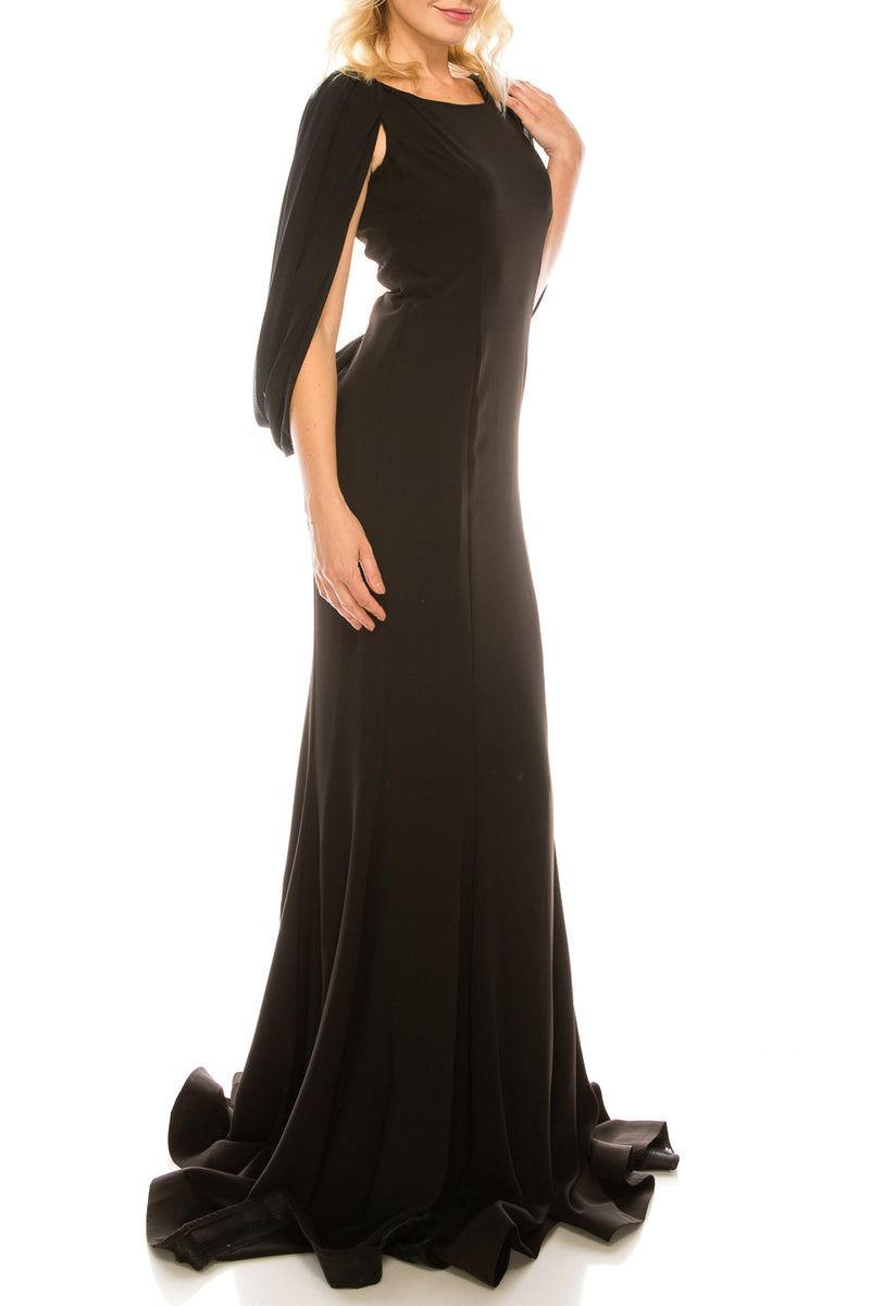 Odrella Black Cape Mermaid Gown with Embellished Mesh Back