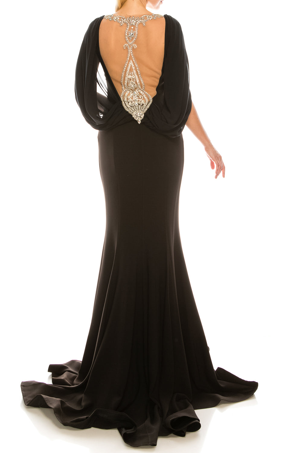 Odrella Black Cape Mermaid Gown with Embellished Mesh Back