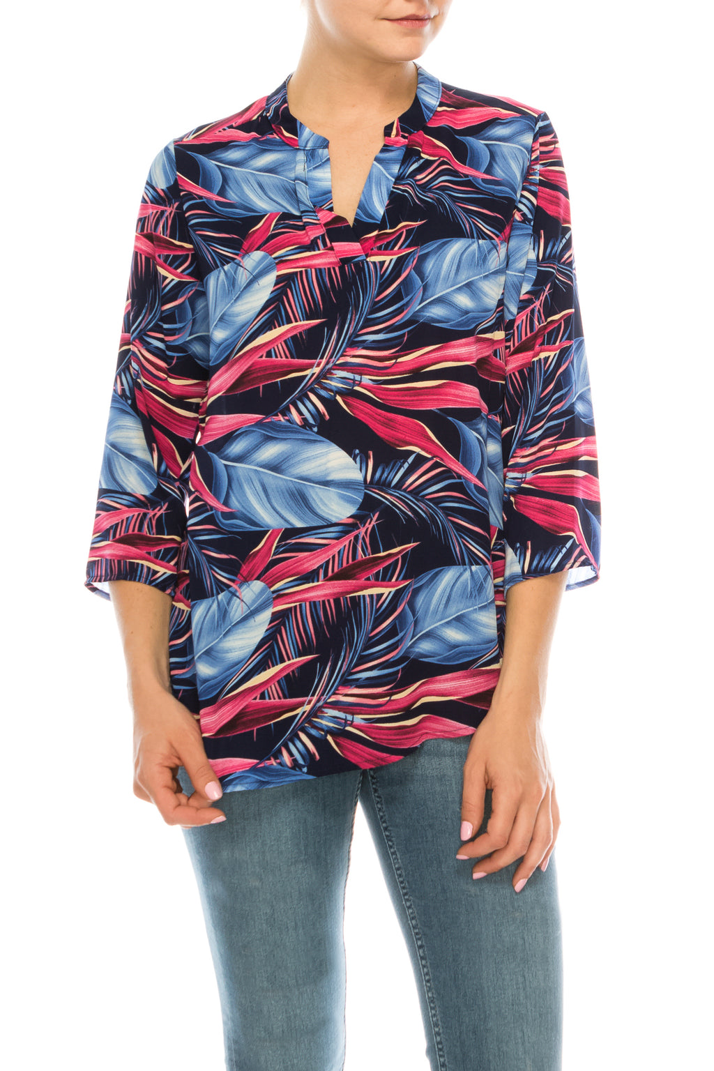 Profile Apparel Blue Pink Palm 3/4 Sleeve Relax Fit Top