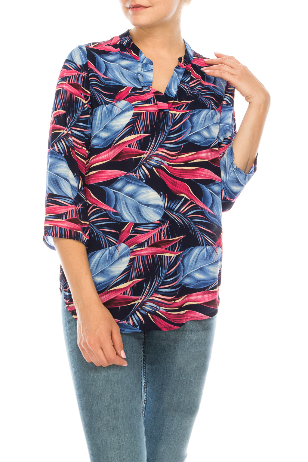 Profile Apparel Blue Pink Palm 3/4 Sleeve Relax Fit Top