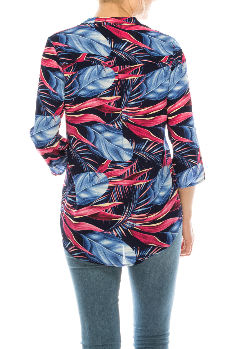 Profile Apparel Blue Pink Palm 3/4 Sleeve Relax Fit Top