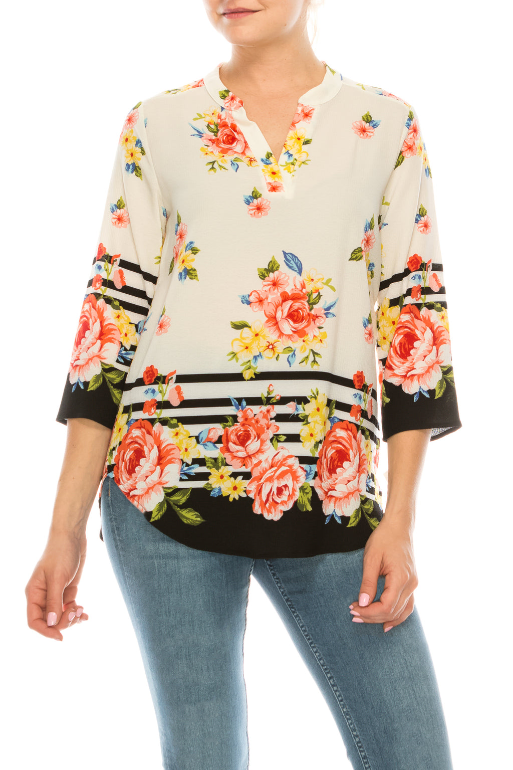 Profile Apparel Strip & Rose Print 3/4 Sleeve Relax Fit Top (Additional Colors)