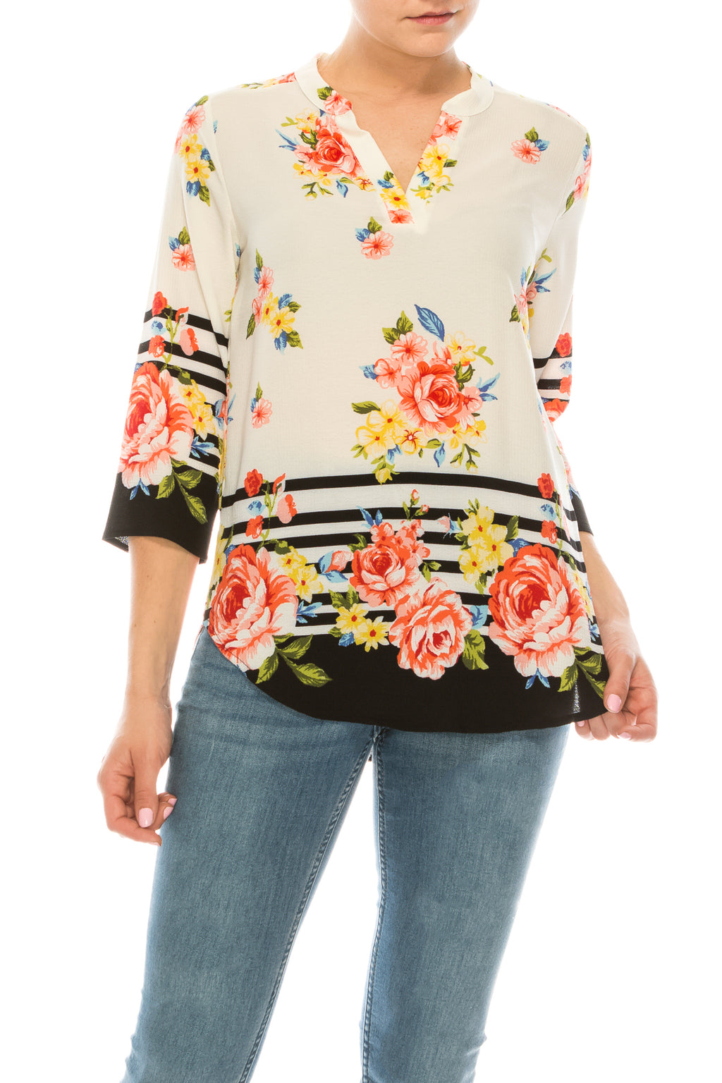 Profile Apparel Strip & Rose Print 3/4 Sleeve Relax Fit Top (Additional Colors)