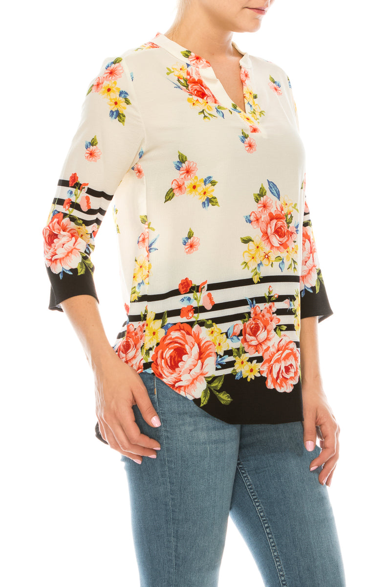 Profile Apparel Strip & Rose Print 3/4 Sleeve Relax Fit Top (Additional Colors)