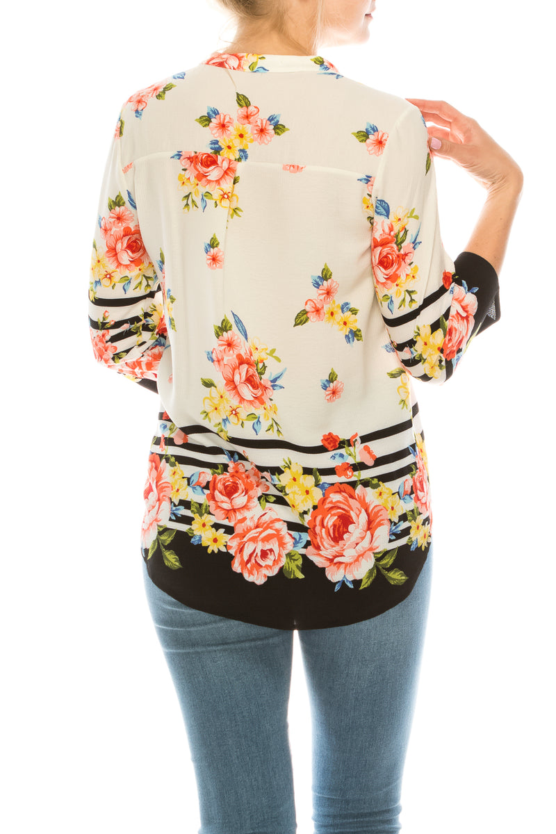 Profile Apparel Strip & Rose Print 3/4 Sleeve Relax Fit Top (Additional Colors)