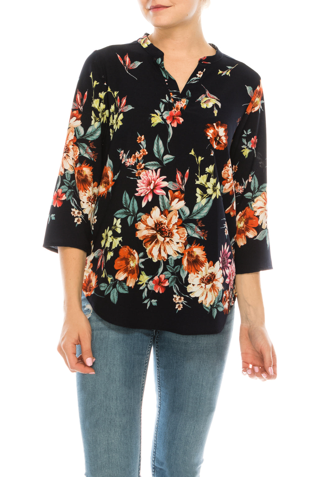 Profile Apparel Navy Pink Red Floral 3/4 Sleeve Relax Fit Top