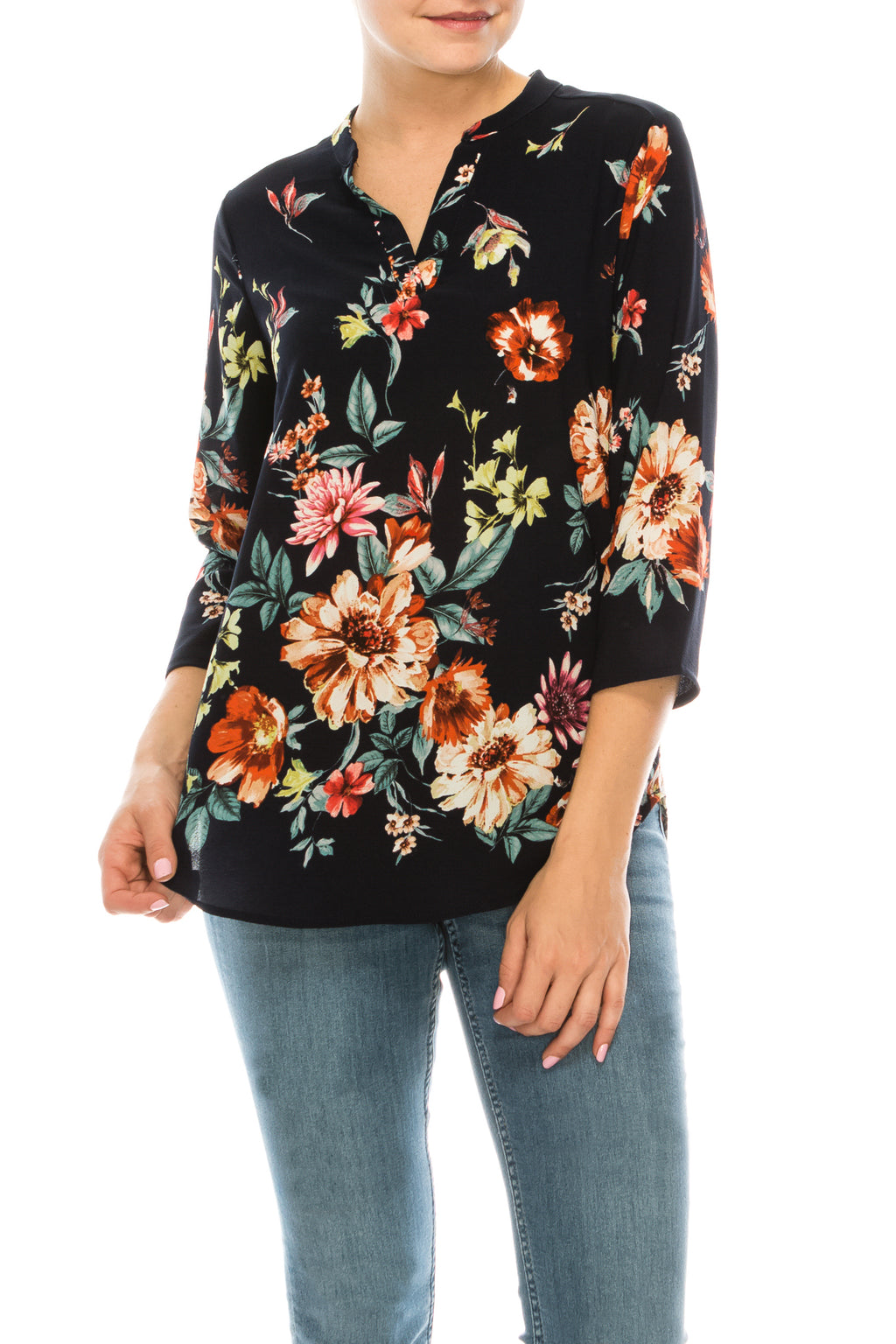 Profile Apparel Navy Pink Red Floral 3/4 Sleeve Relax Fit Top