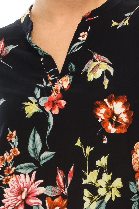 Profile Apparel Navy Pink Red Floral 3/4 Sleeve Relax Fit Top