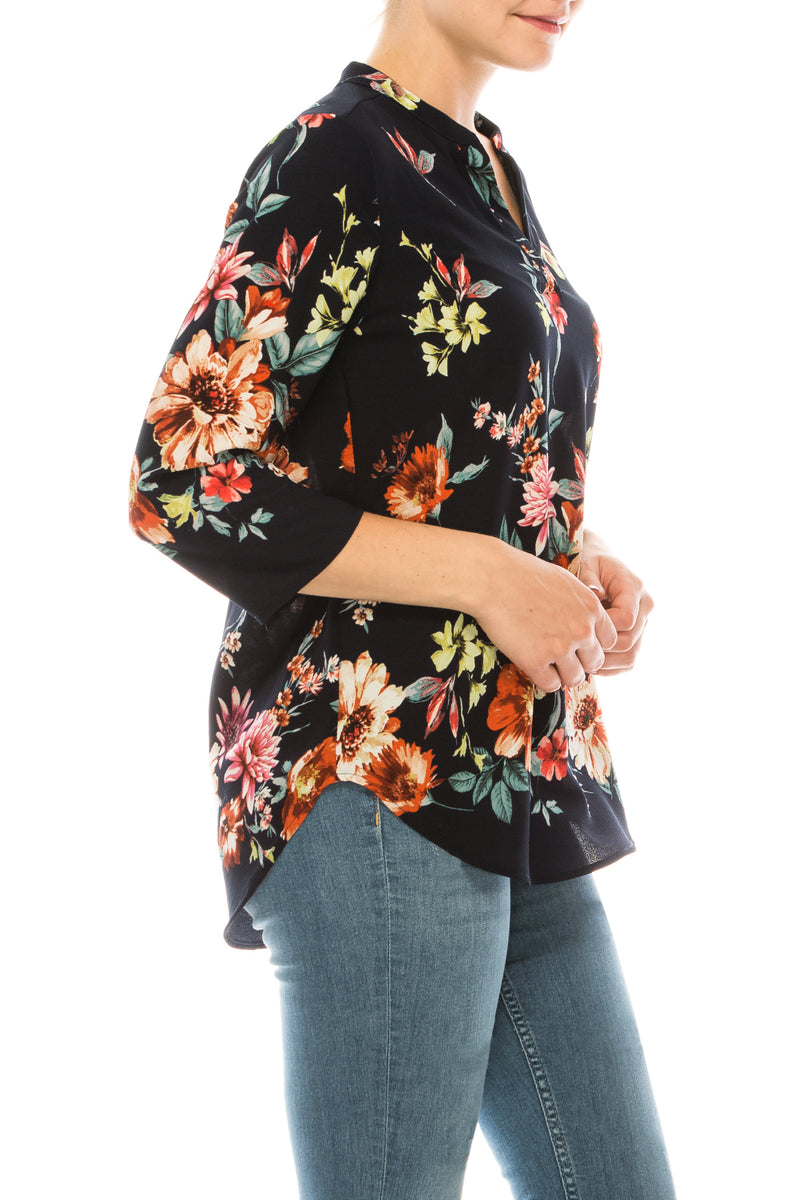 Profile Apparel Navy Pink Red Floral 3/4 Sleeve Relax Fit Top