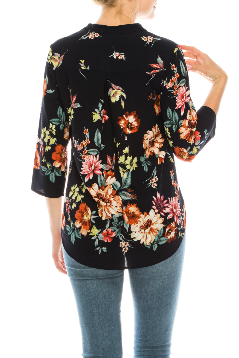 Profile Apparel Navy Pink Red Floral 3/4 Sleeve Relax Fit Top