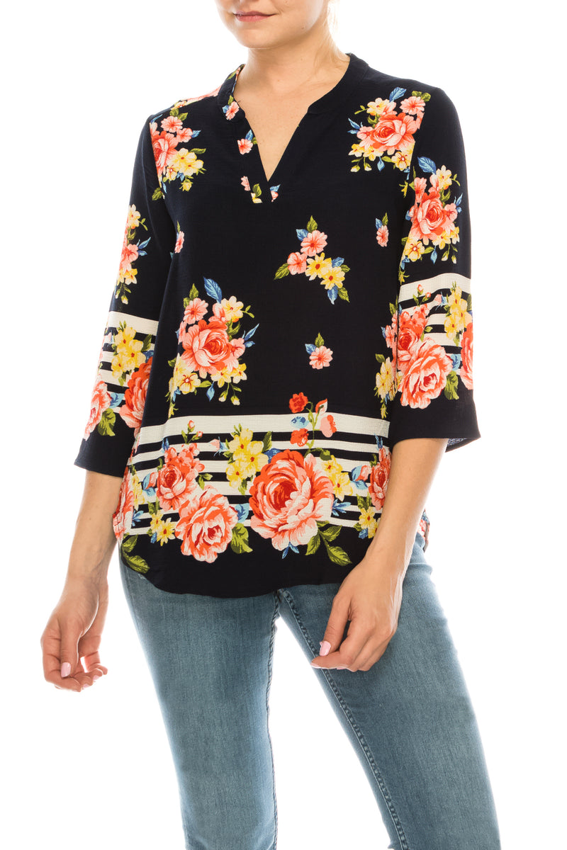 Profile Apparel Strip & Rose Print 3/4 Sleeve Relax Fit Top (Additional Colors)