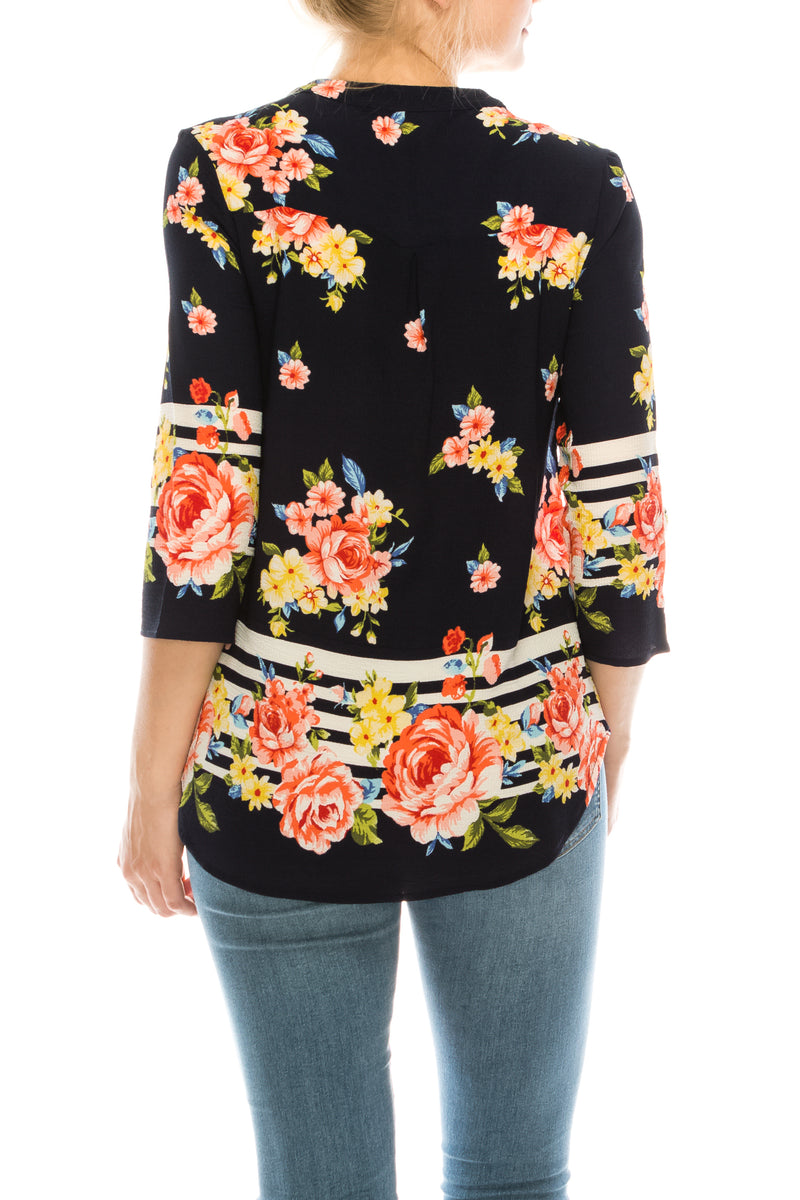 Profile Apparel Strip & Rose Print 3/4 Sleeve Relax Fit Top (Additional Colors)