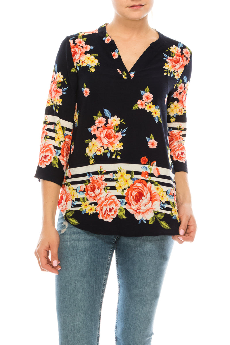 Profile Apparel Strip & Rose Print 3/4 Sleeve Relax Fit Top (Additional Colors)