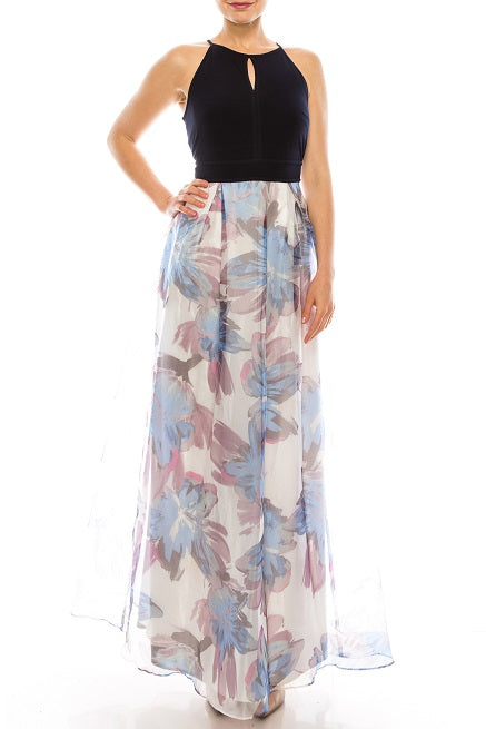 SLNY Navy White Floral Print Gown