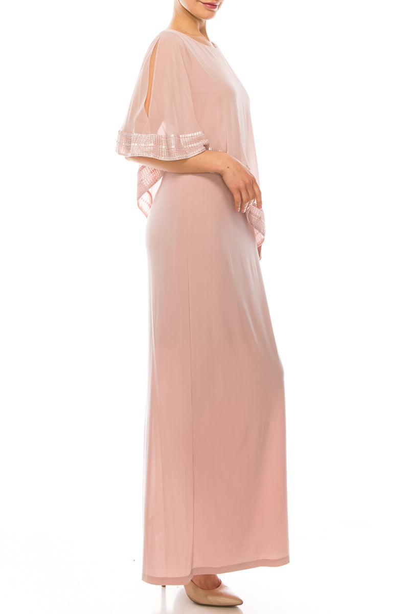 SLNY Attached Chiffon Cape Overlay Jersey Gown (Additional Colors)