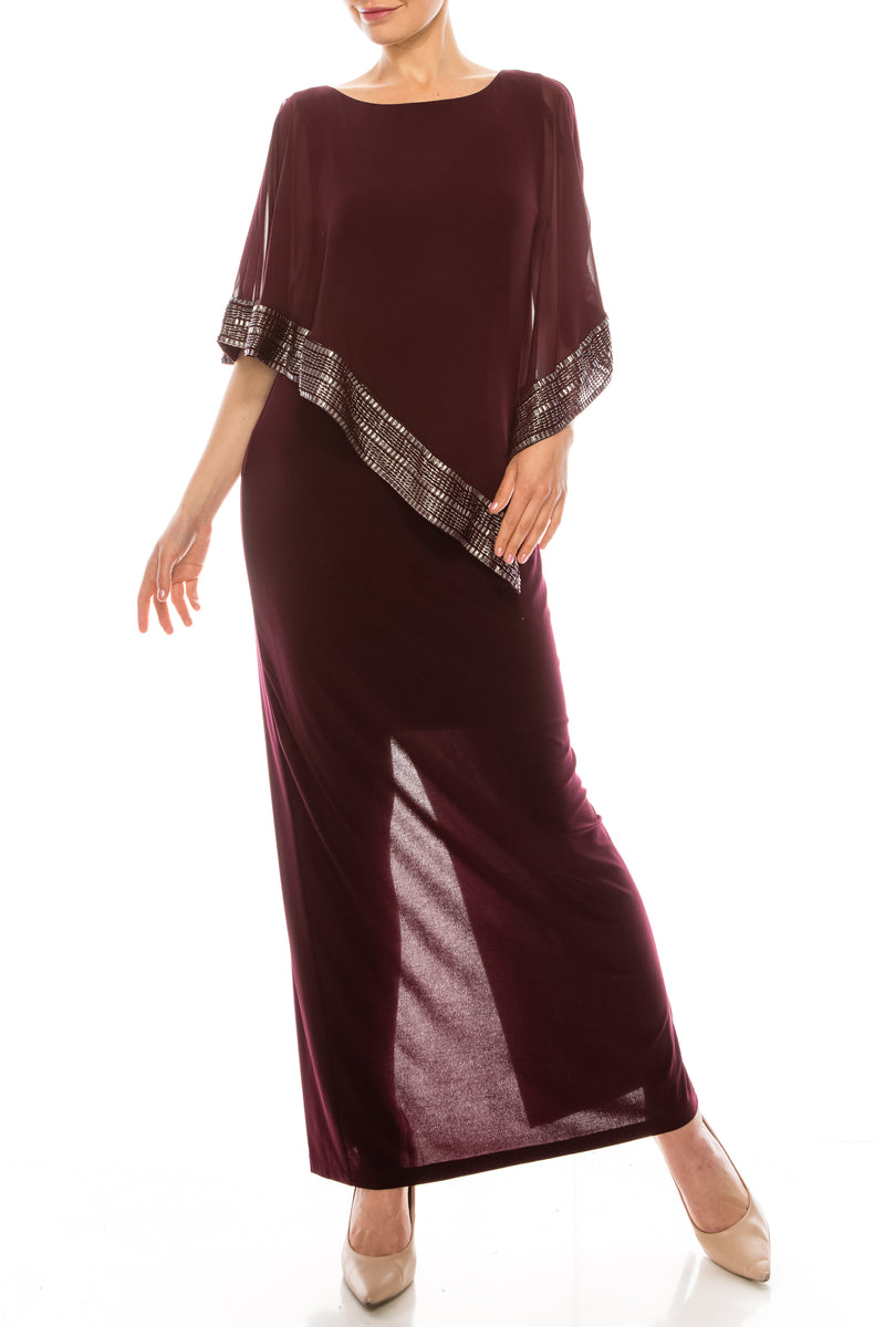 SLNY Attached Chiffon Cape Overlay Jersey Gown (Additional Colors)