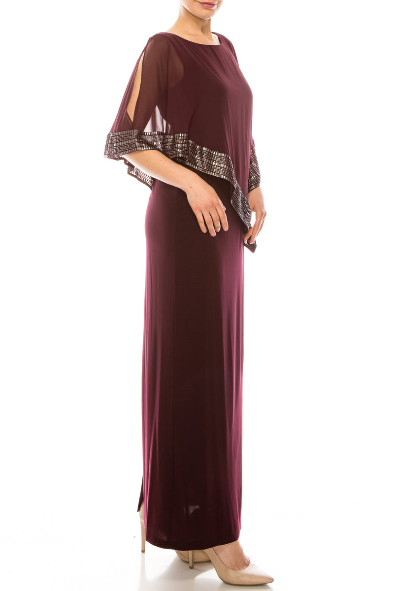 SLNY Attached Chiffon Cape Overlay Jersey Gown (Additional Colors)