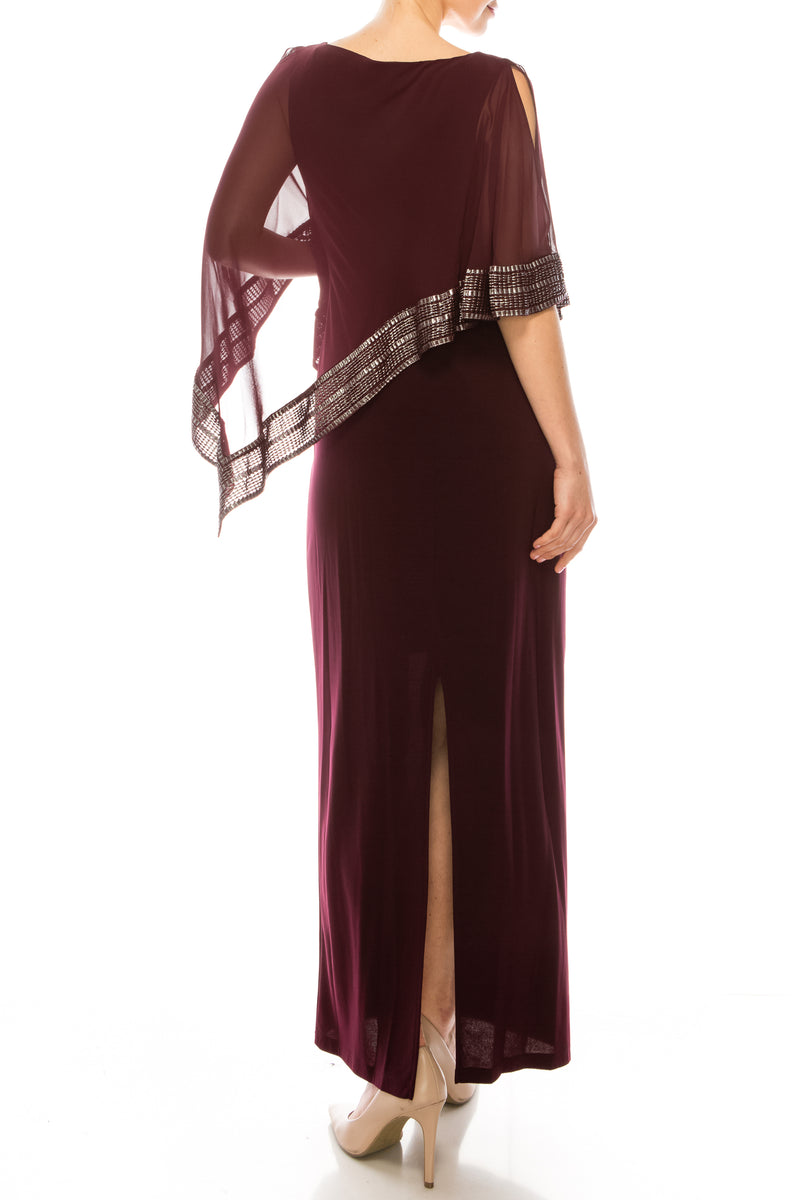 SLNY Attached Chiffon Cape Overlay Jersey Gown (Additional Colors)