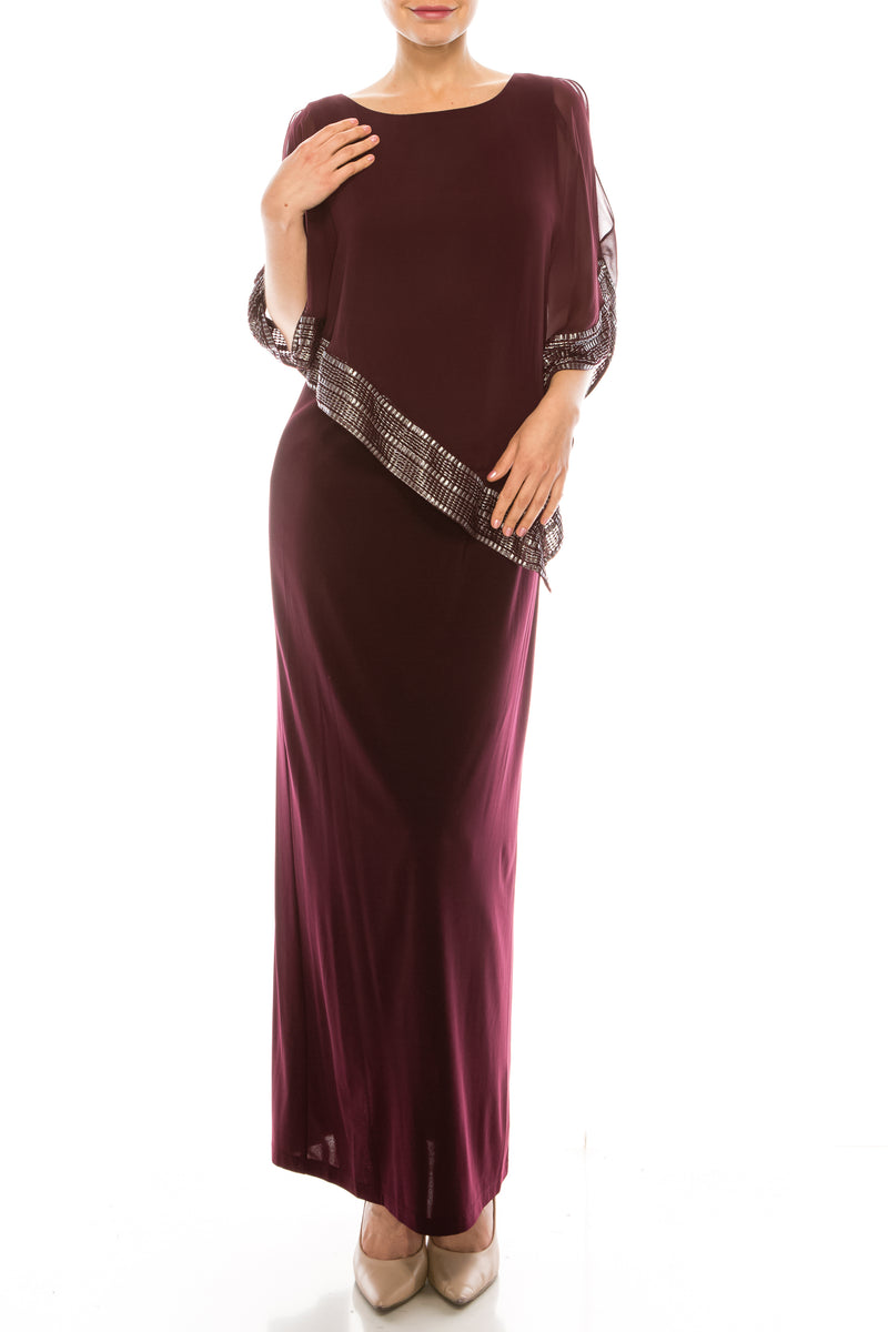 SLNY Attached Chiffon Cape Overlay Jersey Gown (Additional Colors)