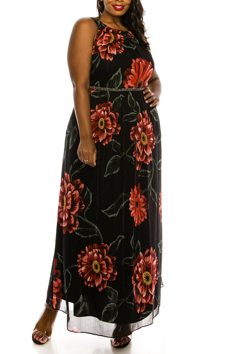 SLNY Black Red Floral Print Faux Halter Maxi Dress (PLUS SIZE)