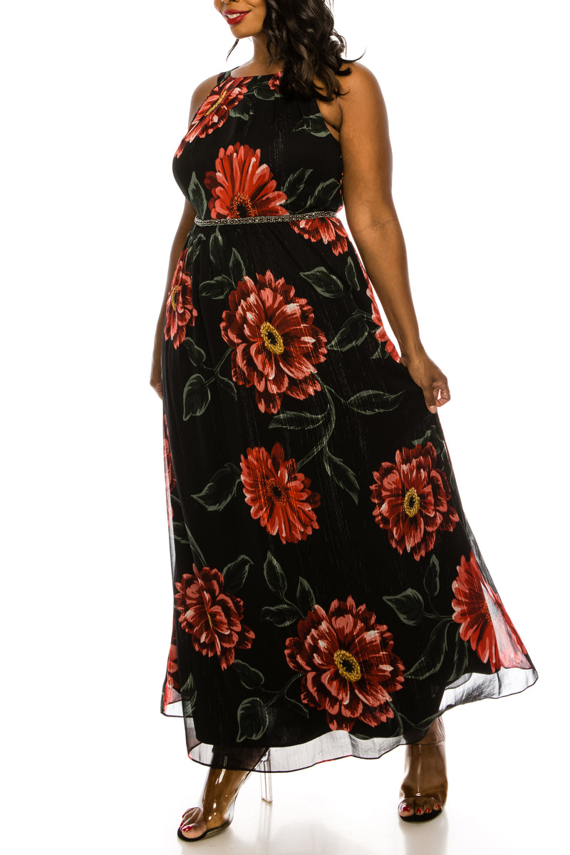 SLNY Black Red Floral Print Faux Halter Maxi Dress (PLUS SIZE)