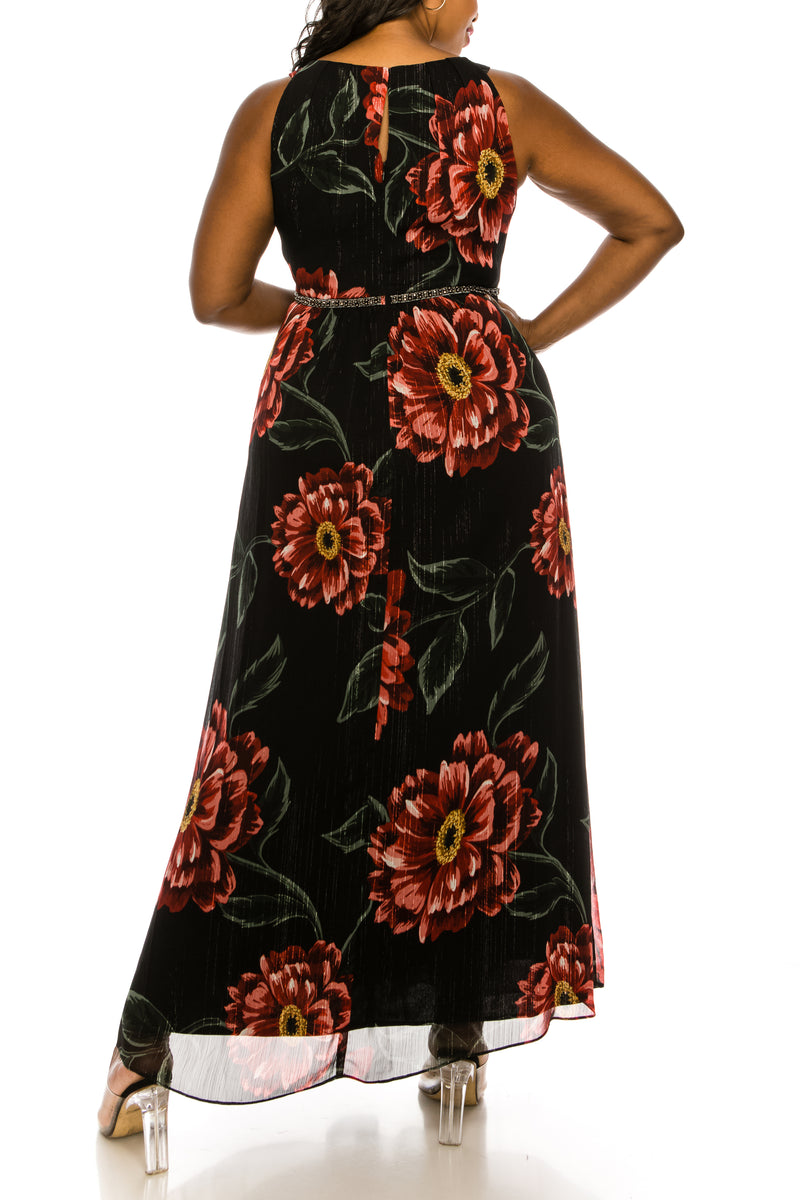 SLNY Black Red Floral Print Faux Halter Maxi Dress (PLUS SIZE)