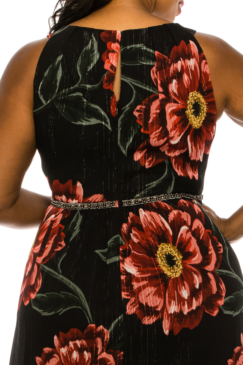 SLNY Black Red Floral Print Faux Halter Maxi Dress (PLUS SIZE)