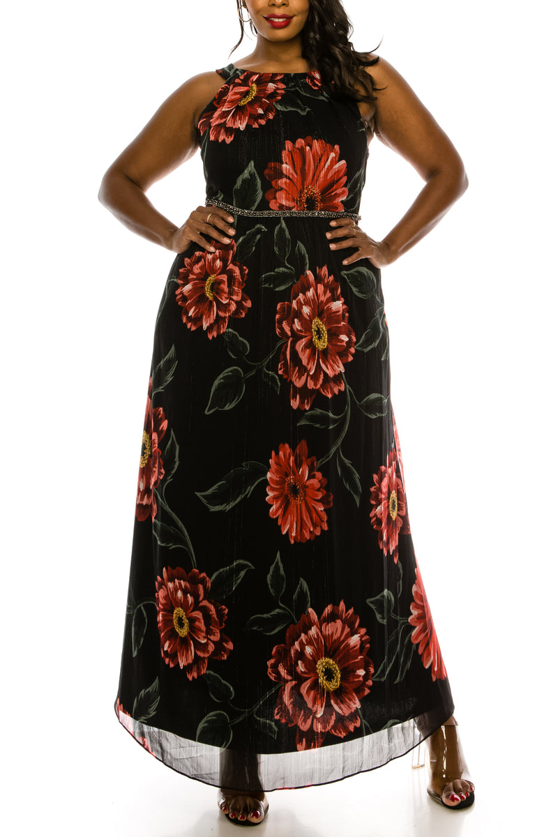 SLNY Black Red Floral Print Faux Halter Maxi Dress (PLUS SIZE)
