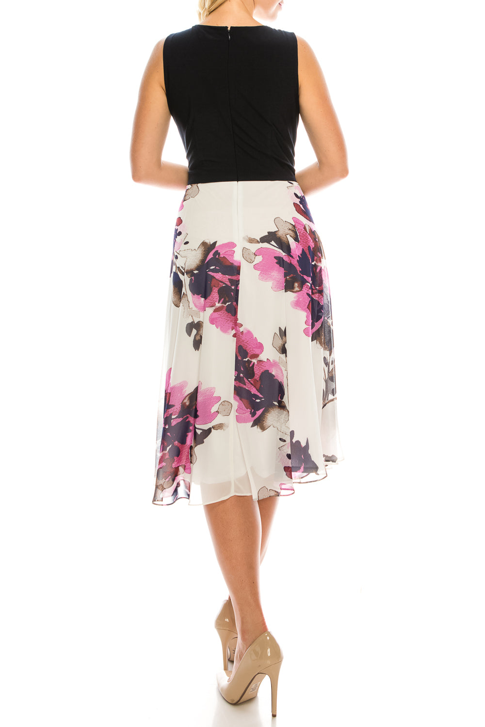 SLNY Navy Pink Colorblock Floral Printed A-Line Midi Dress