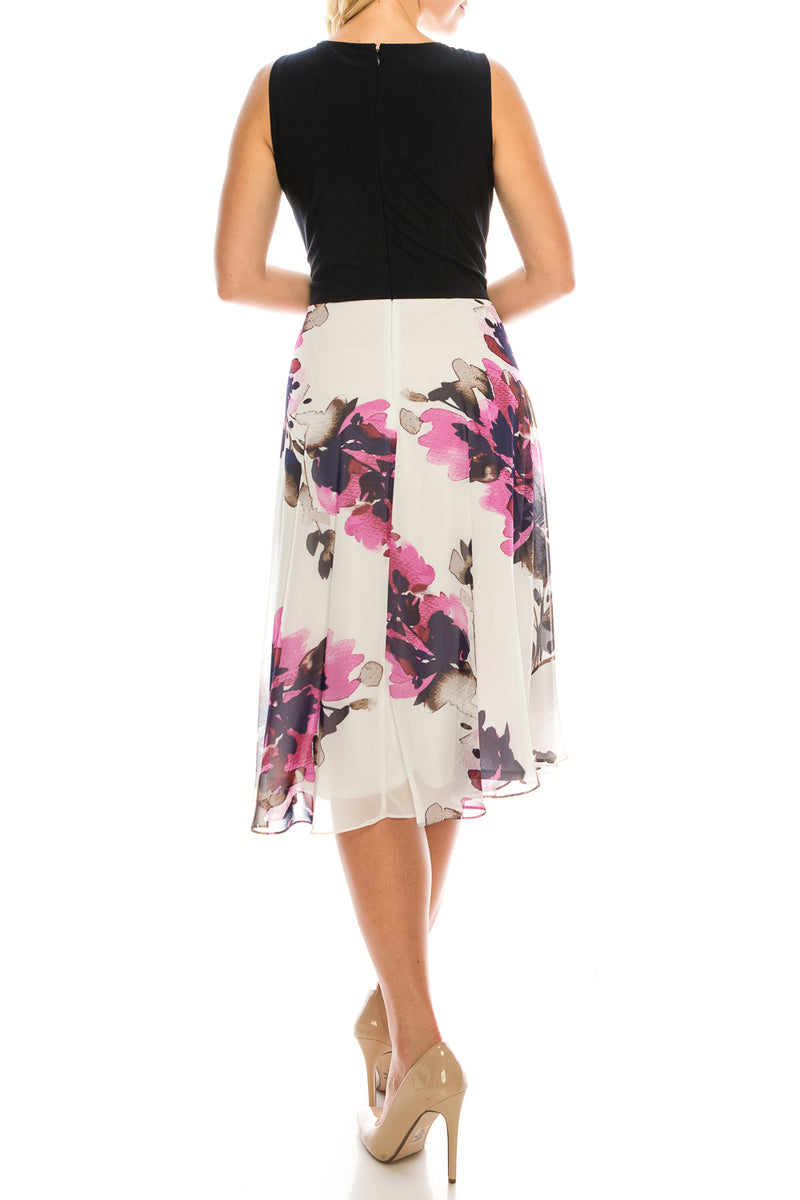 SLNY Navy Pink Colorblock Floral Printed A-Line Midi Dress