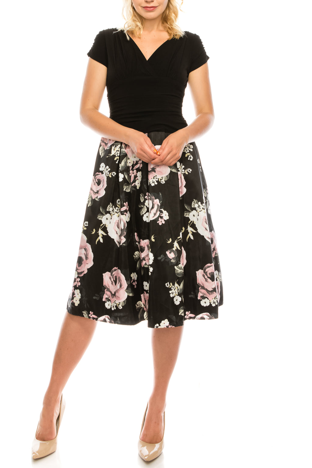 SLNY Black Multi Jersey & Crepe Back Satin Floral Printed Dress