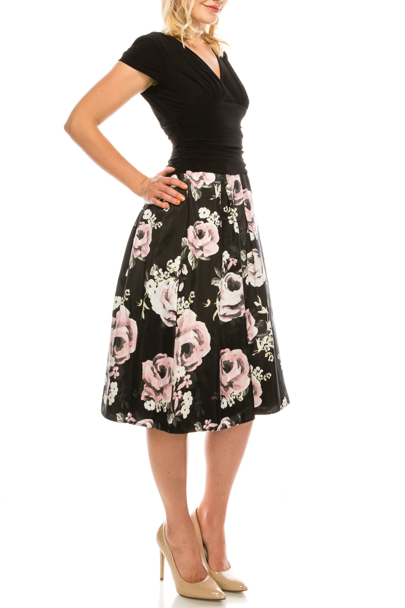 SLNY Black Multi Jersey & Crepe Back Satin Floral Printed Dress