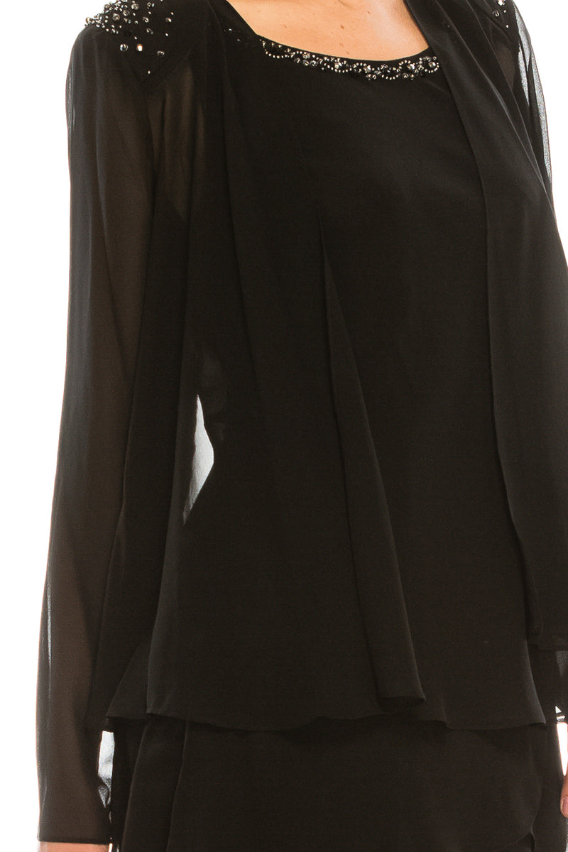 SLNY Black Chiffon Beaded 2 Piece Evening Dress Set