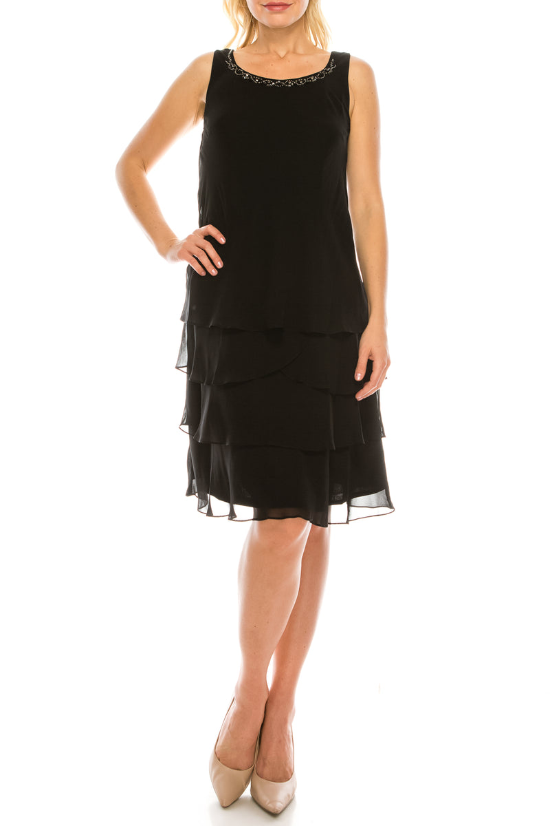 SLNY Black Chiffon Beaded 2 Piece Evening Dress Set