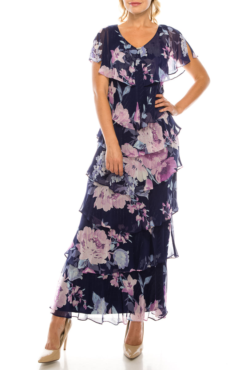 SLNY Navy Multi Floral Printed Gold Pinstriped Tiered Long Dress