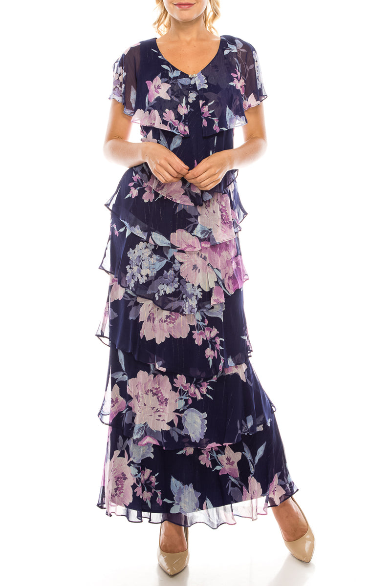 SLNY Navy Multi Floral Printed Gold Pinstriped Tiered Long Dress
