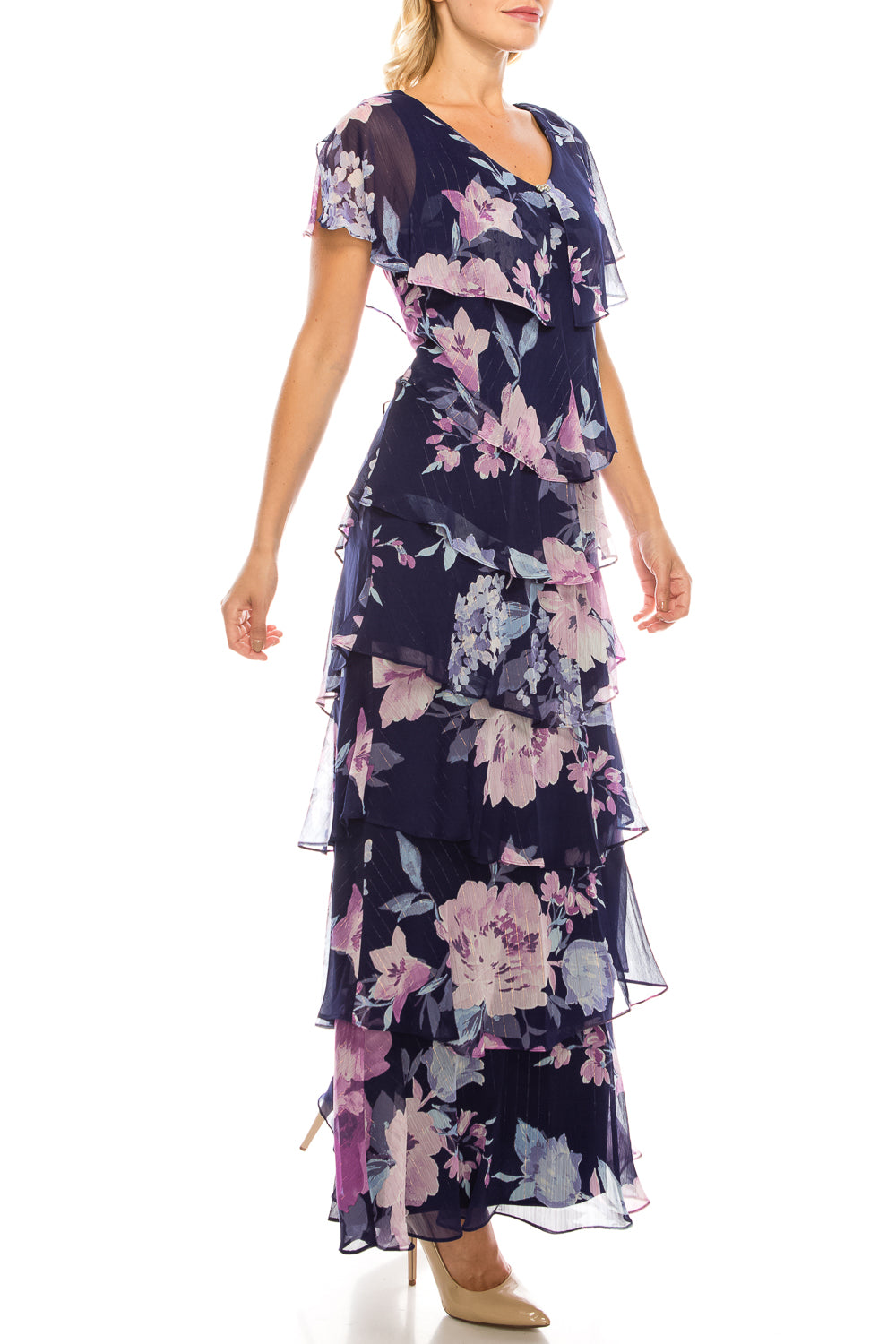 SLNY Navy Multi Floral Printed Gold Pinstriped Tiered Long Dress
