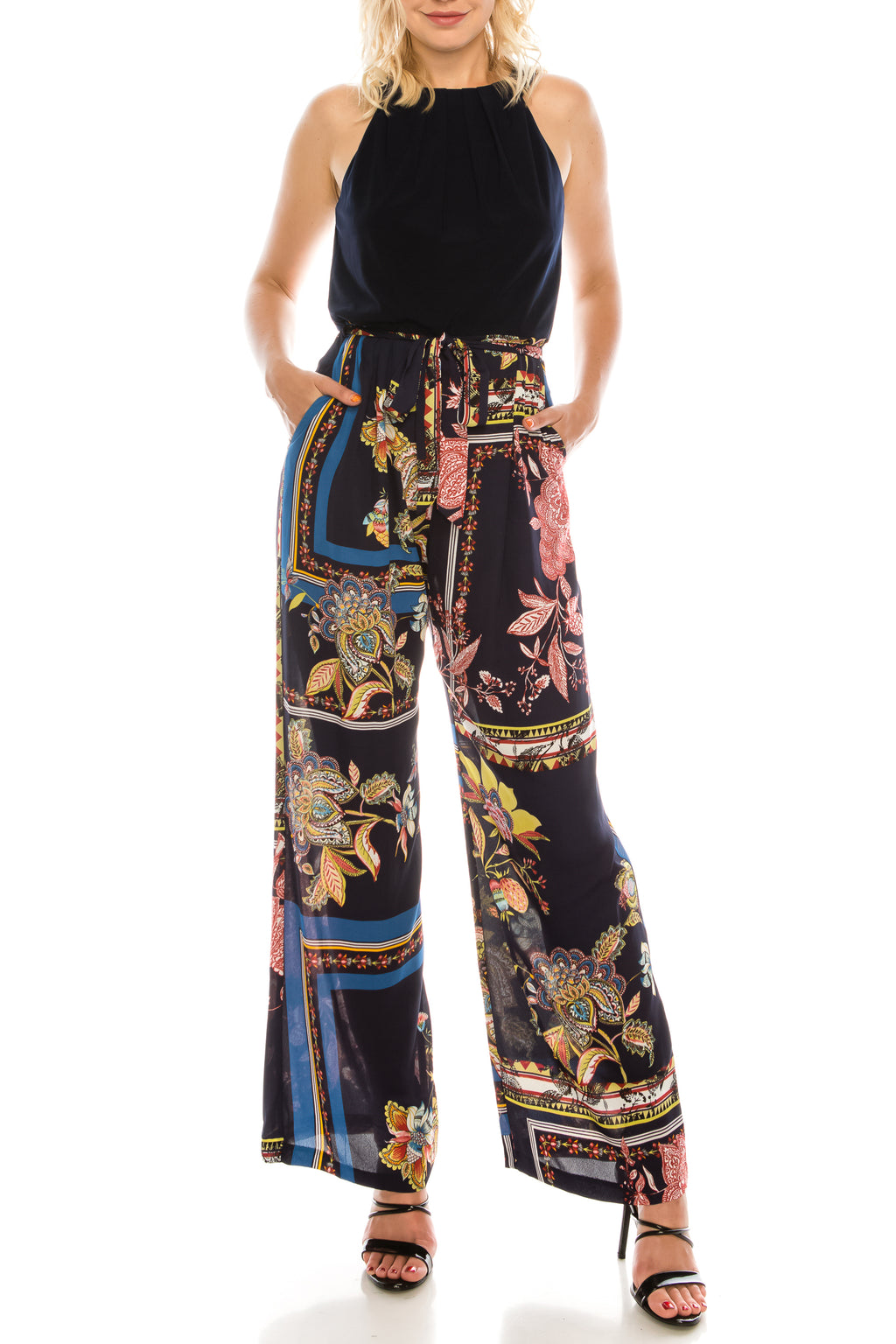 SLNY Navy Multi Floral Scarf Printed Halter Jumpsuit