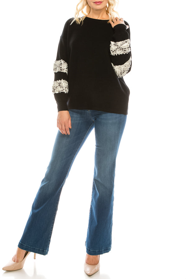 Sioni Black Sweater with Faux Fur, Reptile Print, and Rhinestone Studs